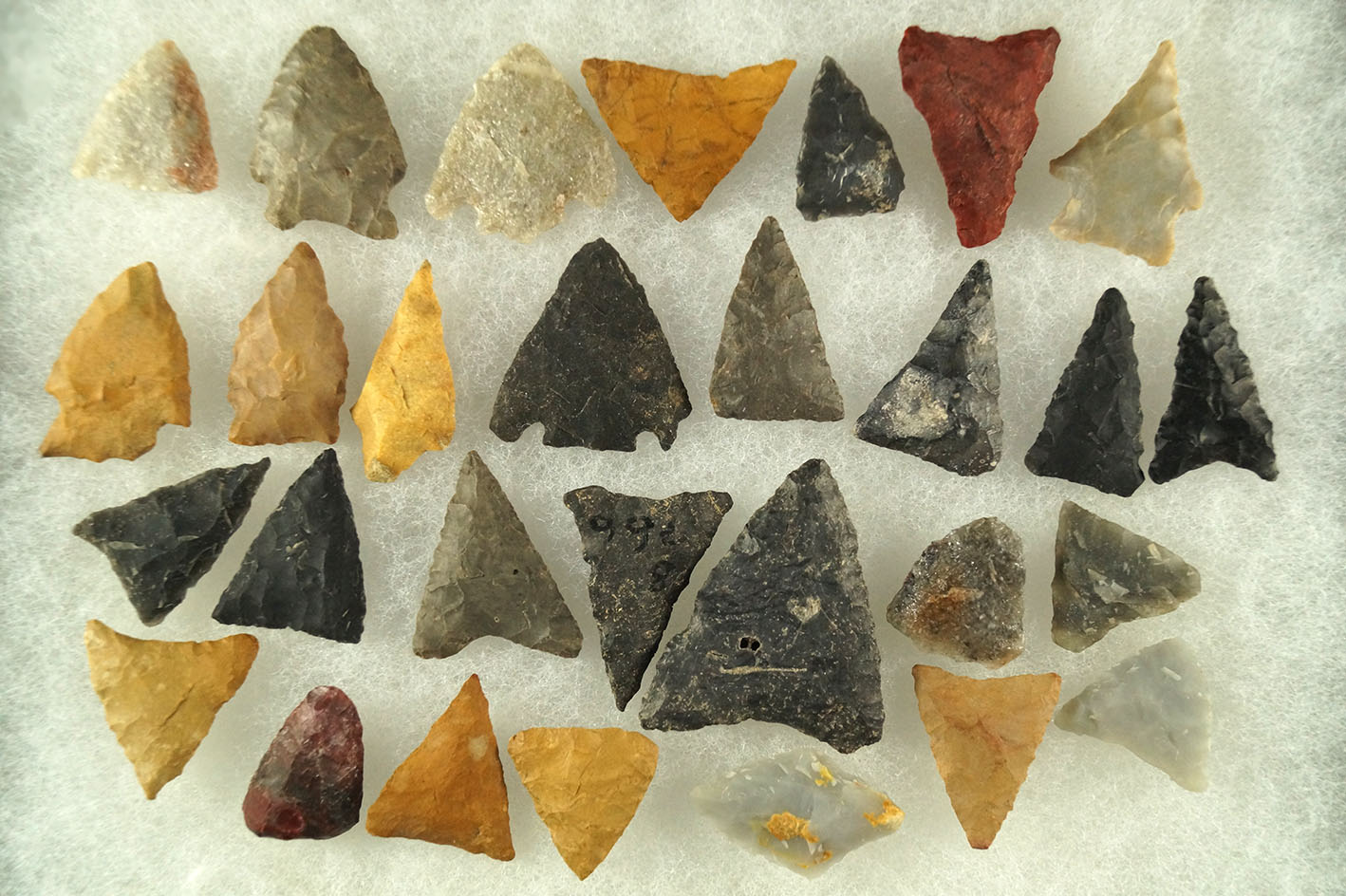 Group of 29 assorted arrowheads, most are triangular found in Cumberland County New Jersey.