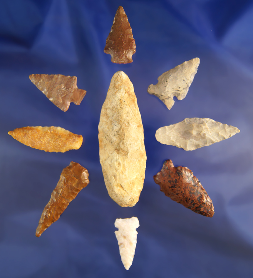 Set of nine assorted arrowheads and knives found in Washington, largest is 3 1/8".