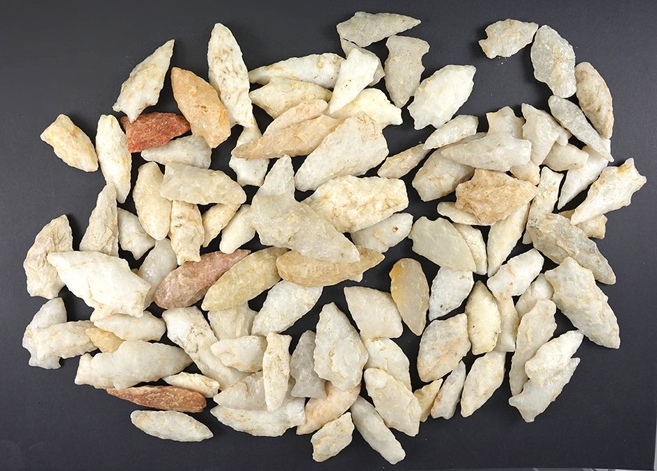 Set of 100 Quartz Arrowheads that were found in the Cecil Co., Maryland area, largest is 3".