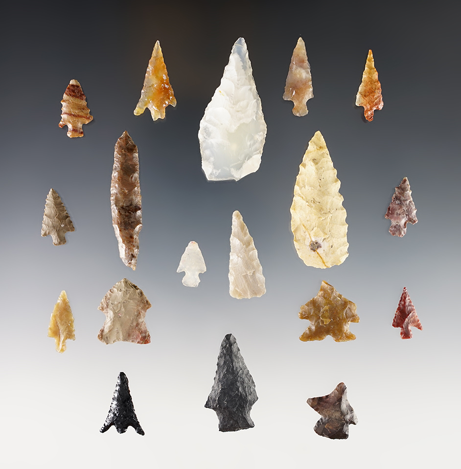 Set of 18 assorted Points found in Umatilla Co., Oregon. The largest is 1 7/8".