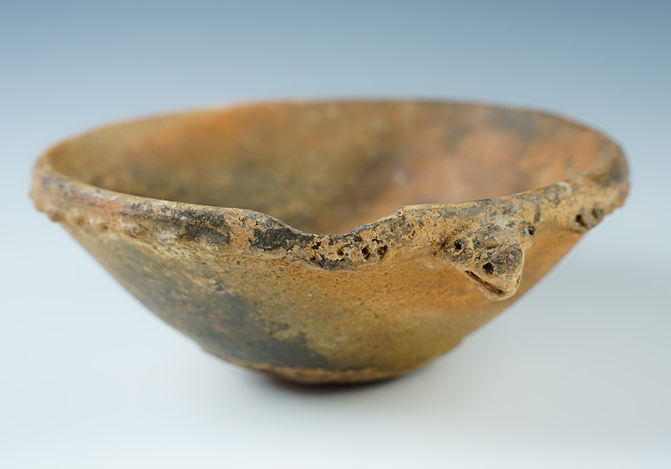 6 5/8" wide Pre-Columbian Turtle Effigy Bowl with a nice Pie Crust Rim. Solid condition.