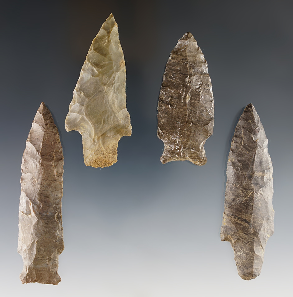 Set of 4 nicely made stemmed points found by Joseph Dillion in Marshall Co., Kentucky. 