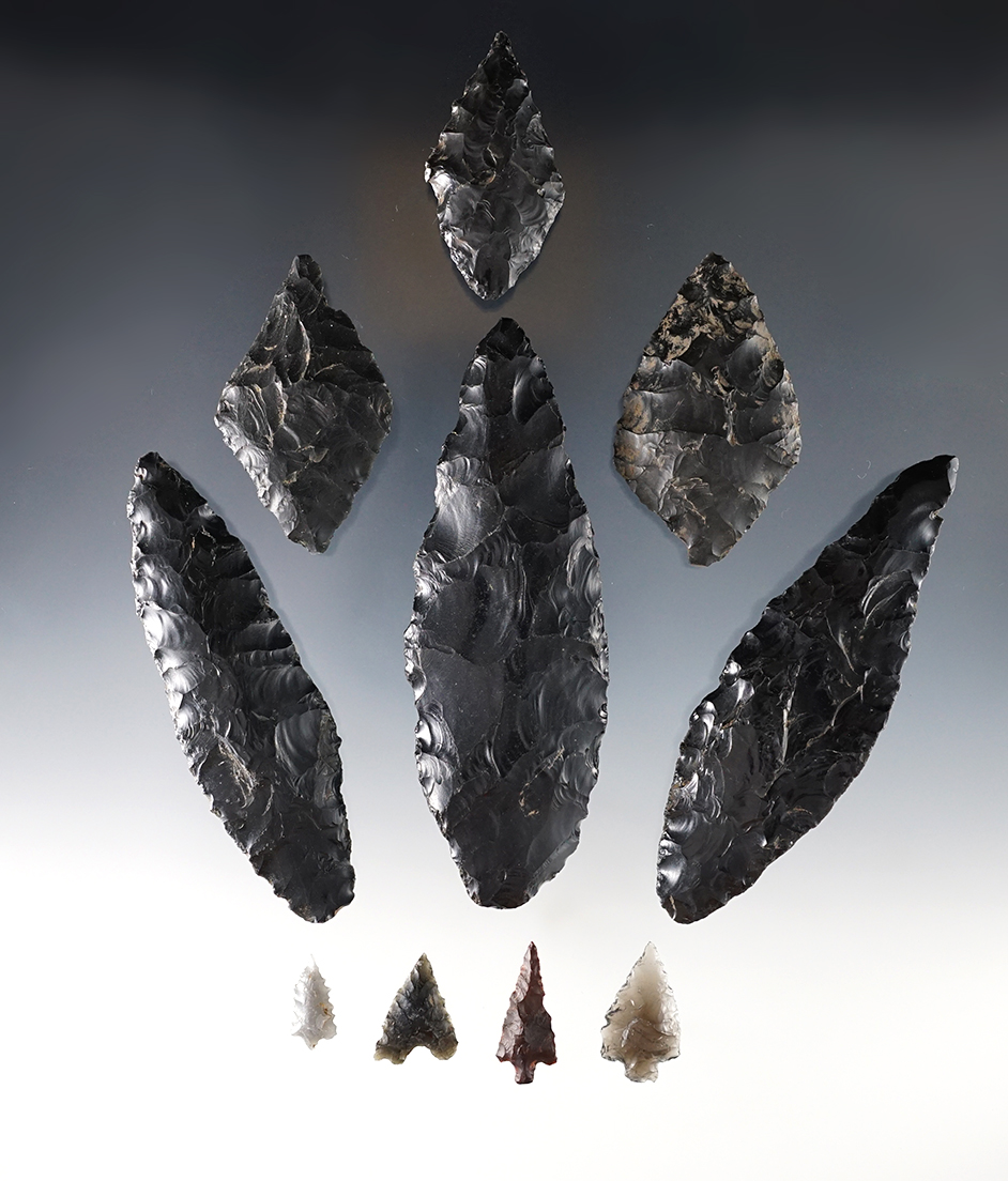 Set of 8 well made Obsidian Points found in Sonoma and Siskiyou Co., California. Largest is 3 7/8".