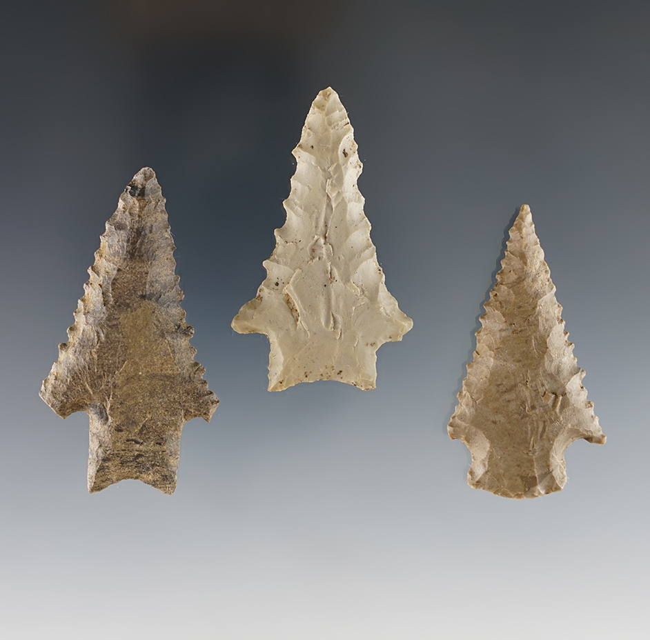 Set of 3 finely made serrated Kirk Points found by Joseph Dillion in Calloway Co., Kentucky.