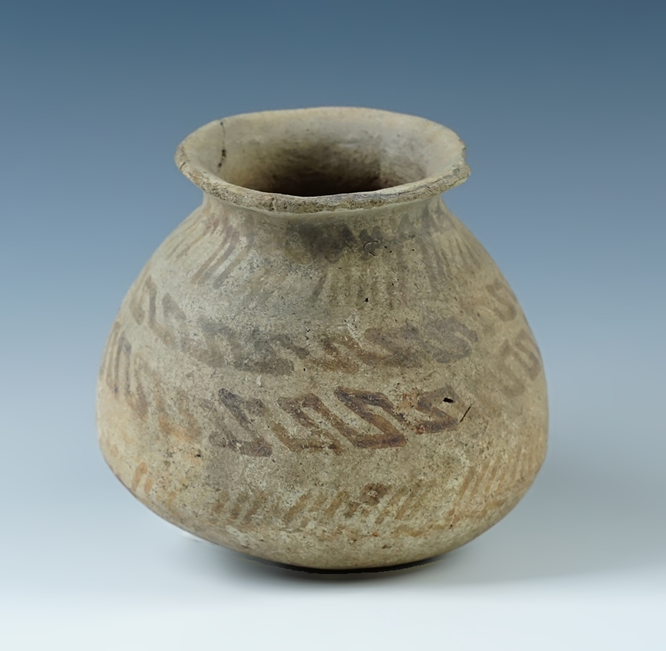 4" tall SW Hohokam pottery vessel that is solid except for one reattached rim chip.