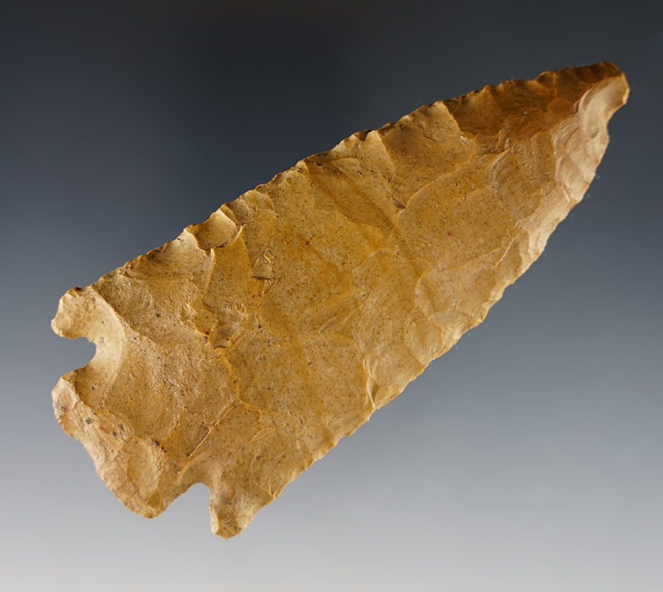 3 7/8" Kirk Cornernotch found in SW Missouri. Made from patinated tan Chert. Bennett COA.