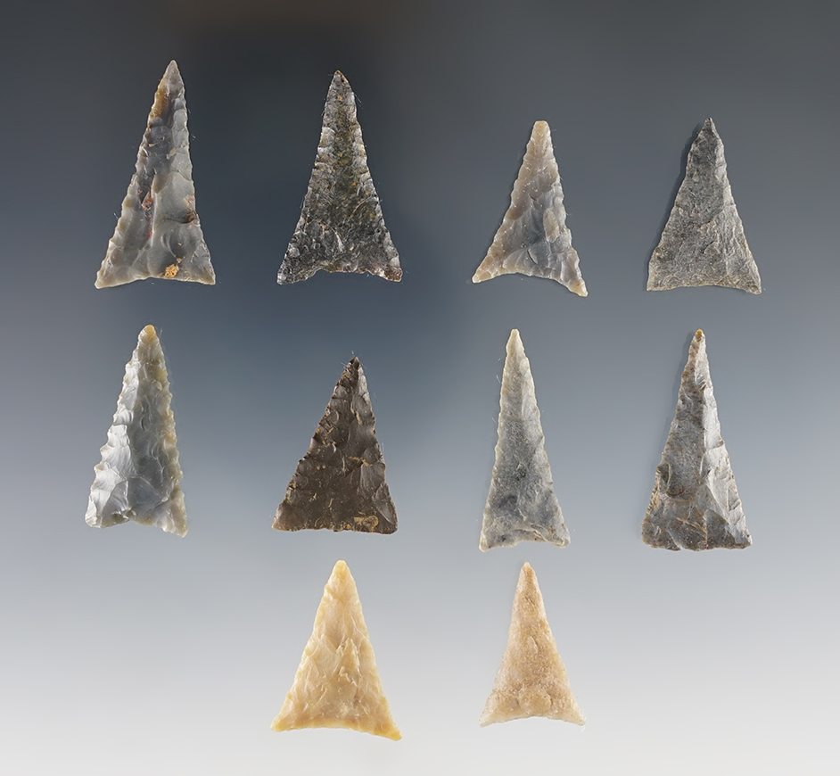 Set of 10 nice Triangle points found in the Kentucky/Tennessee area. The largest is 1 5/16".