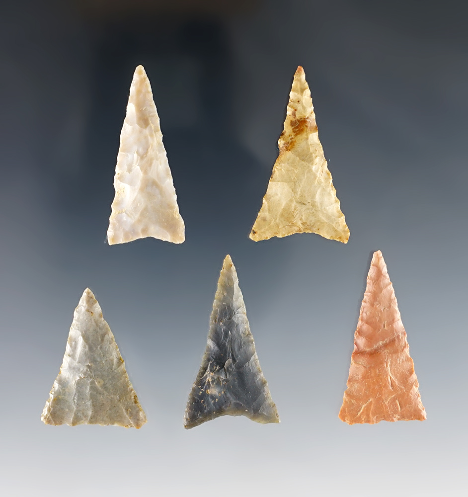 Set of 5 well made Triangle Points found in the Kentucky/Tennessee area. The largest is 1 1/2".