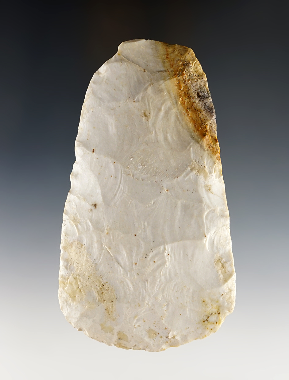 Fine 4 9/16" Flint Hoe with excellent use polish to the bit. Henderson Co., Illinois. Avon Chert.