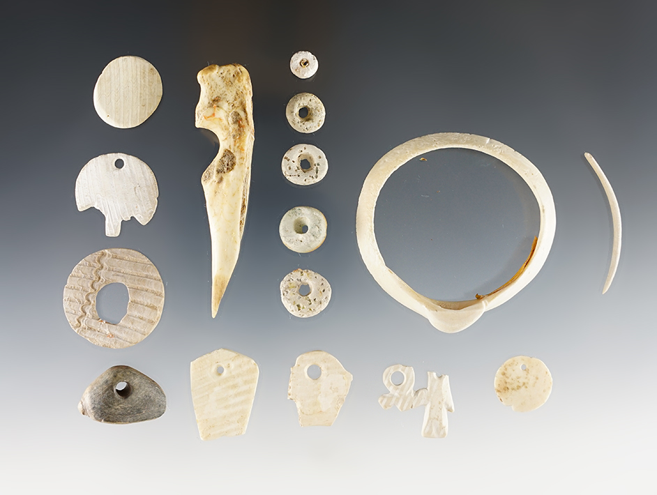 Set of 16 assorted shell, bone and stone Hohokam artifacts. Largest is 2 7/8".