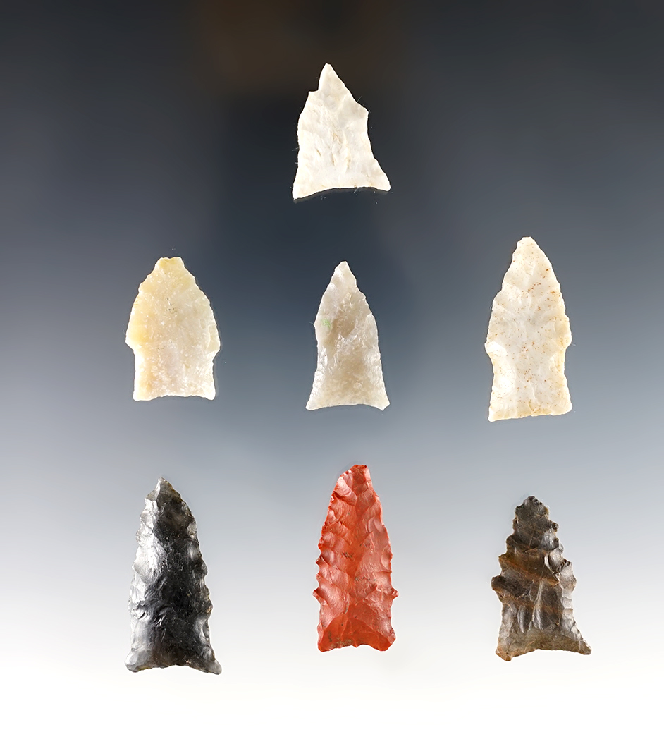 Set of 7 Well styled Colorado Points. The largest is 1 7/16".