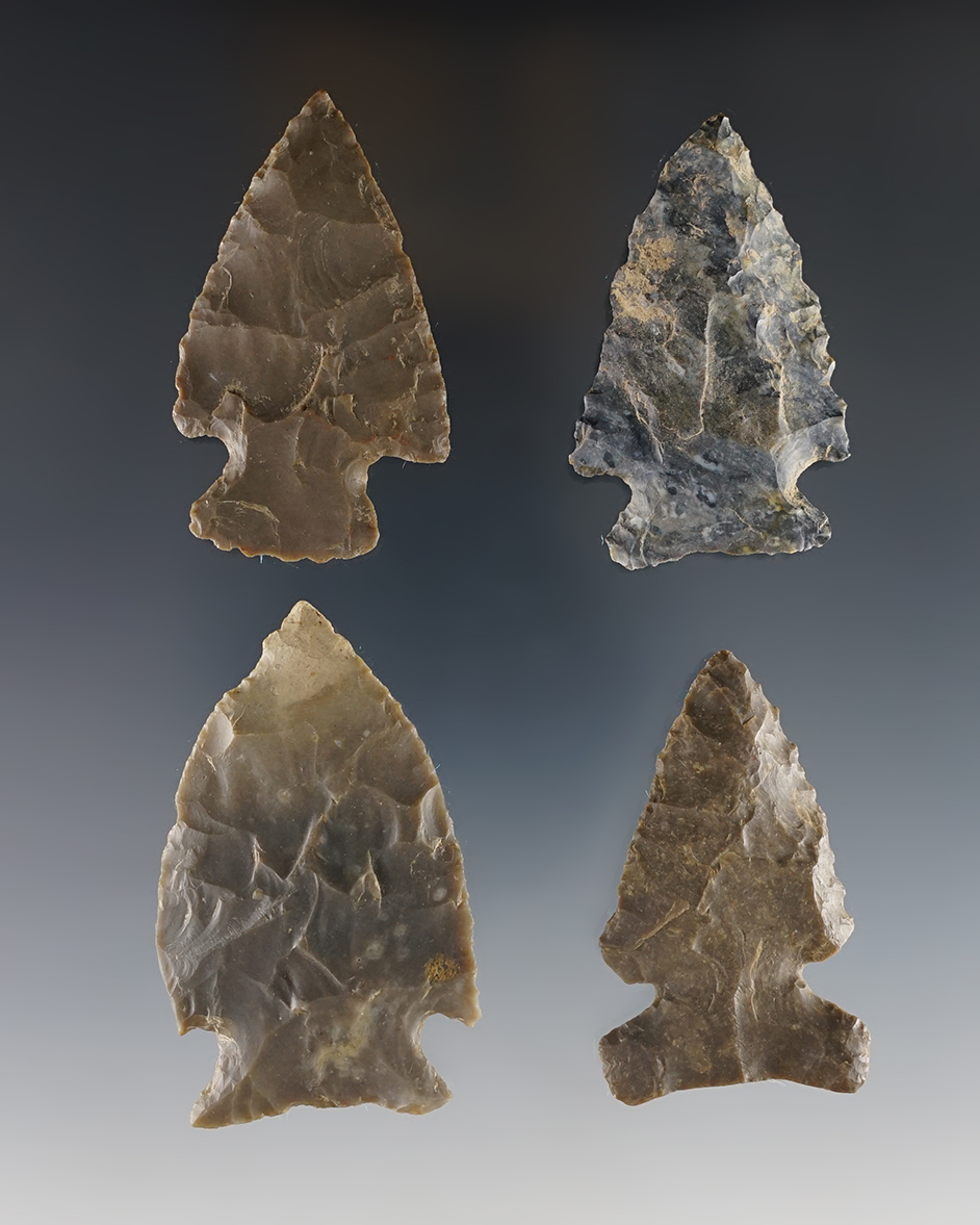 Set of 4 nice Indiana points including a Big Sandy and a Hopewell. The largest is 2 3/8".