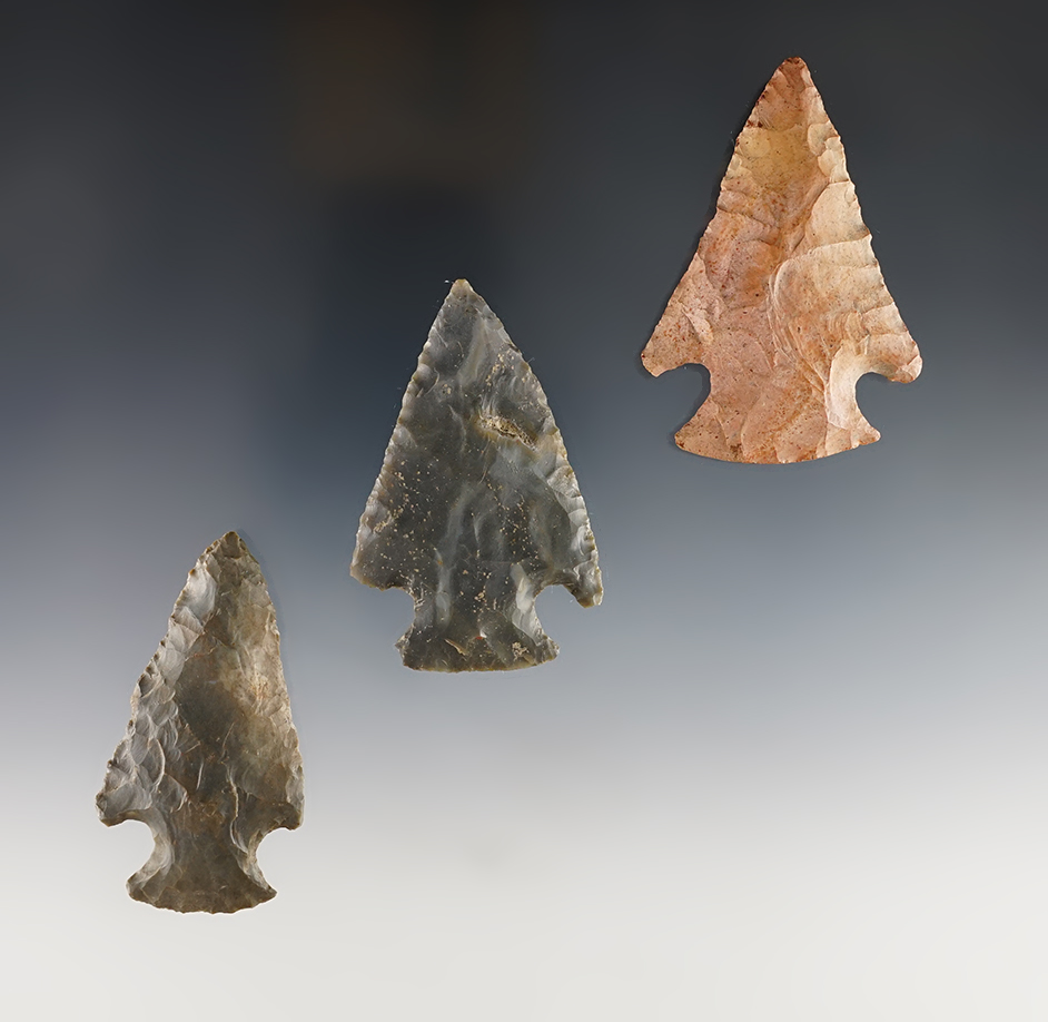 Set of 3 fine Indiana Hopewell Points. The largest is 2 5/8".