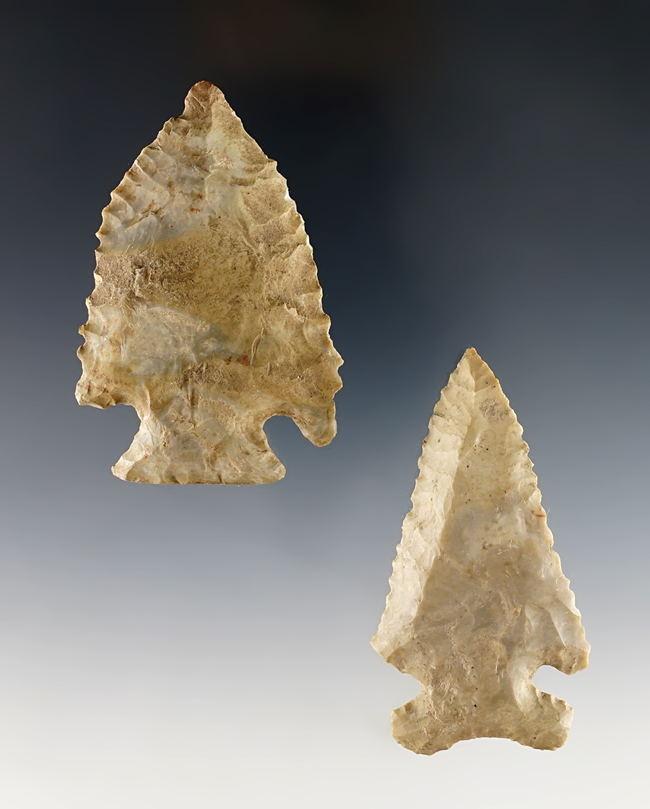 Pair of nice Archaic points found in Indiana. One is steeply beveled. The largest is 2 3/4".
