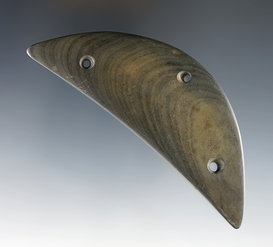 4 1/8" uniquely styled 3-Hole Crescent Gorget - Saginaw, Michigan. Bennett COA.