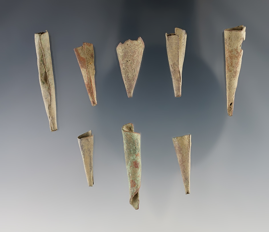 Set of 8 salvaged kettle conical projectile points. White Springs site, Geneva, New York.