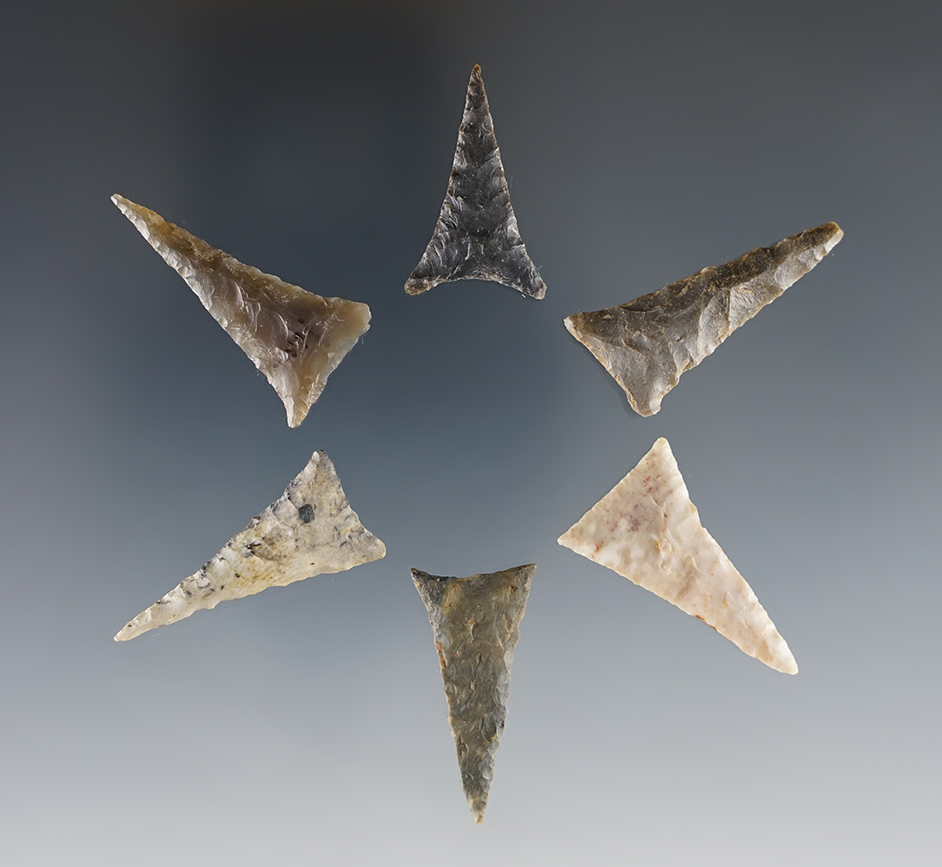 Set of 6 well made Triangle Points found in the Kentucky/Tennessee area. The largest is 1 1/4".