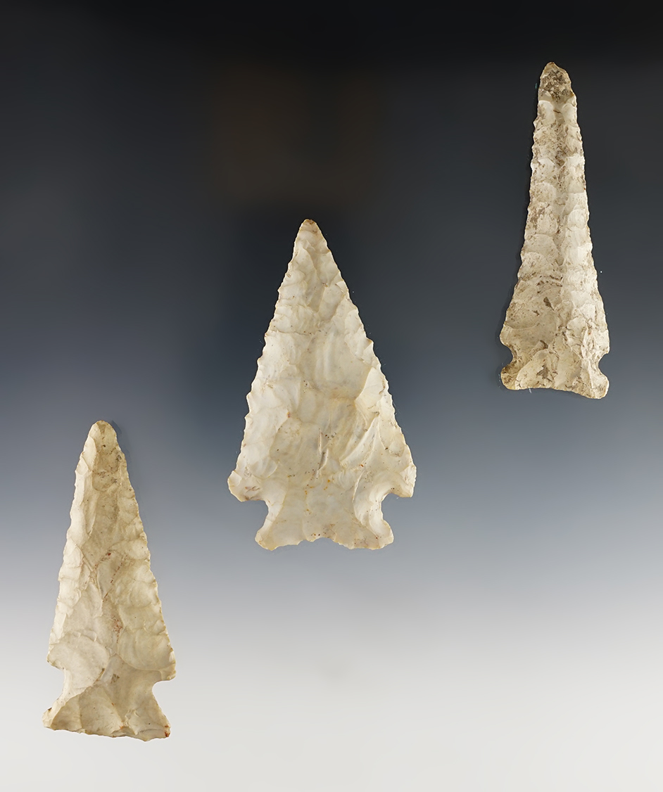 Set of 3 well patinated Points found in Indiana. The largest is 3 5/16".