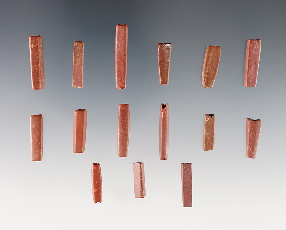 Set of 15 Catlinite Tube Beads found at the Townley-Read Site, Geneva, New York. Largest is 7/8".