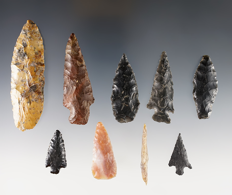 Set of 9 nicely made Points found in Lake Co., Oregon. The largest is 2 7/8".