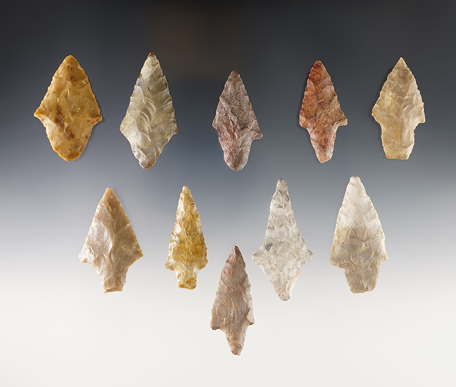 Set of 10 assorted Gary Points found in Oklahoma. The largest is 2 1/8".