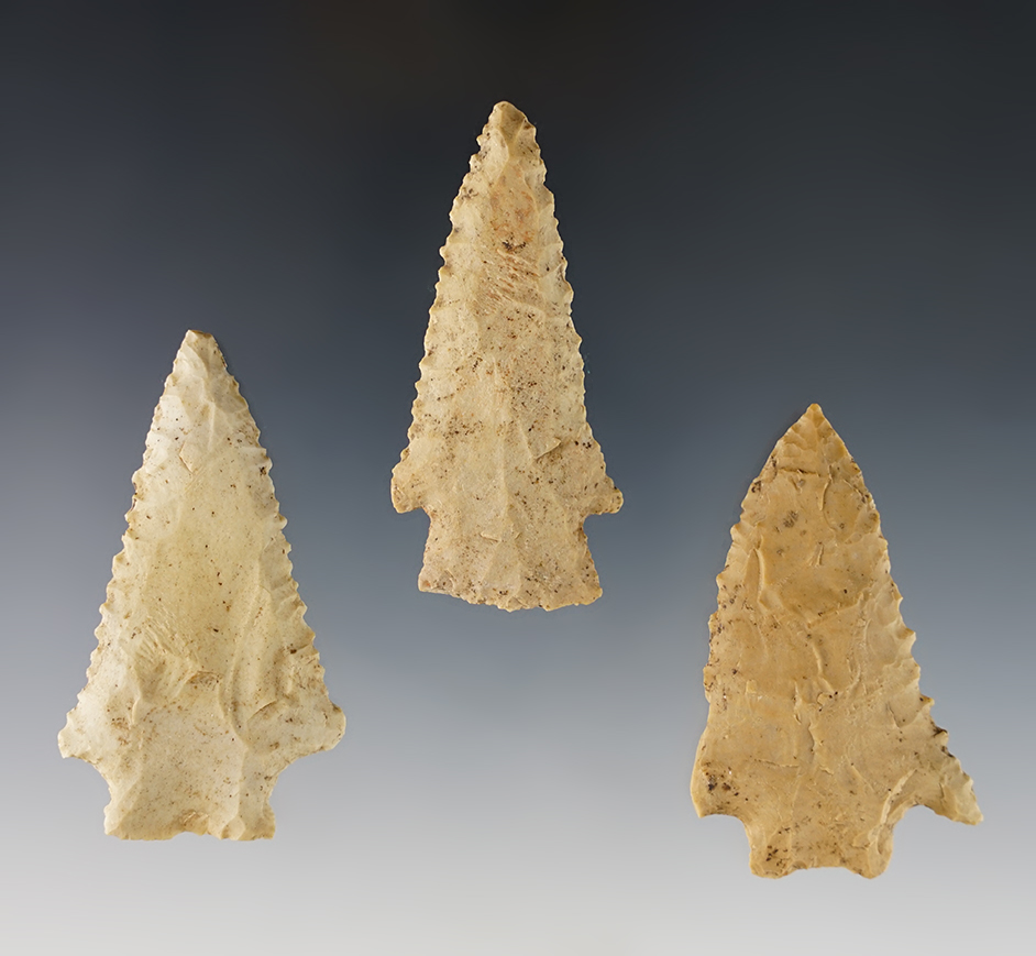 Set of 3 well made Stemmed points found by Joseph Dillion in Marshall Co., Kentucky. 