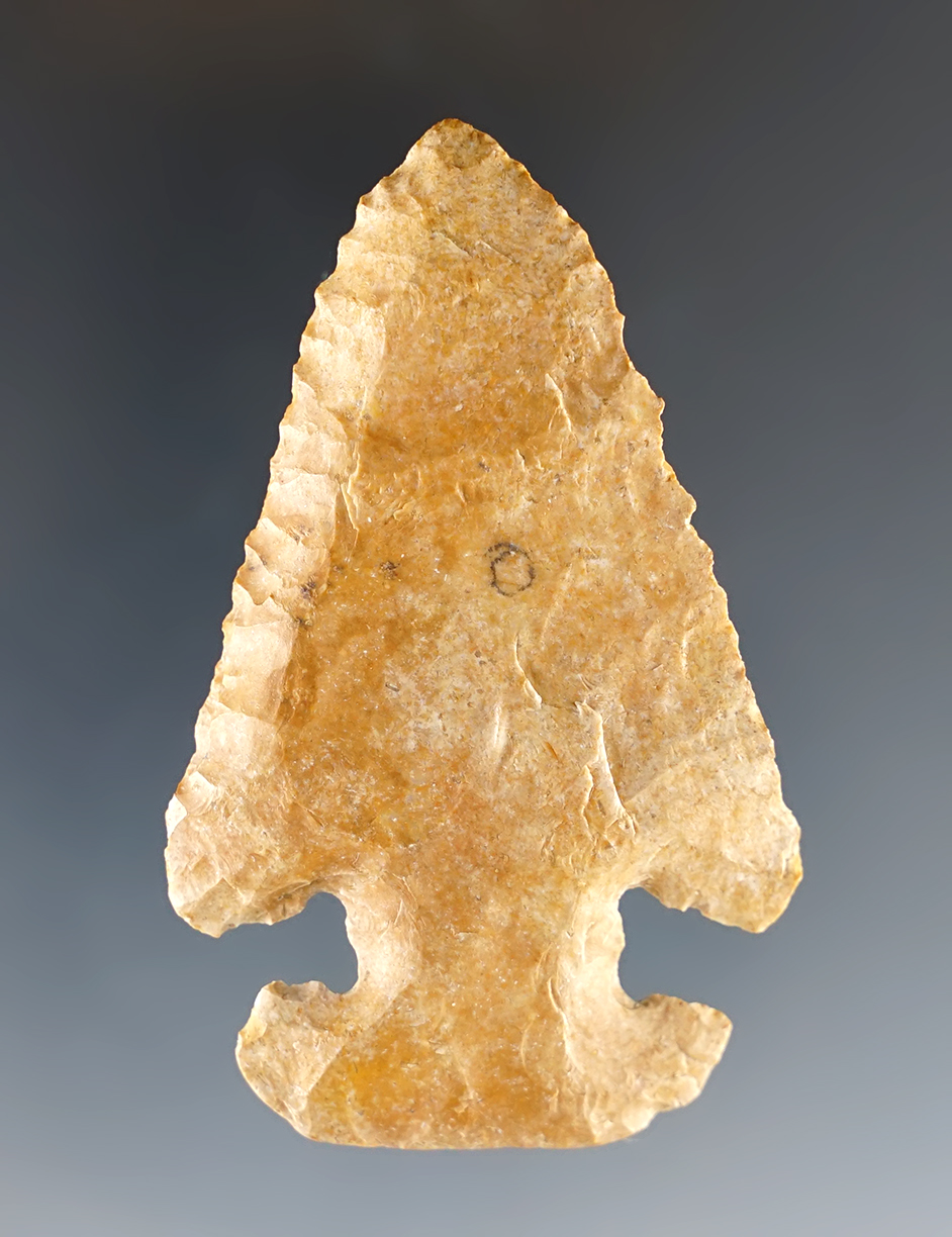 2 7/16" Thebes E-Notch found in Kentucky. Made from heavily patinated and colorful chert.