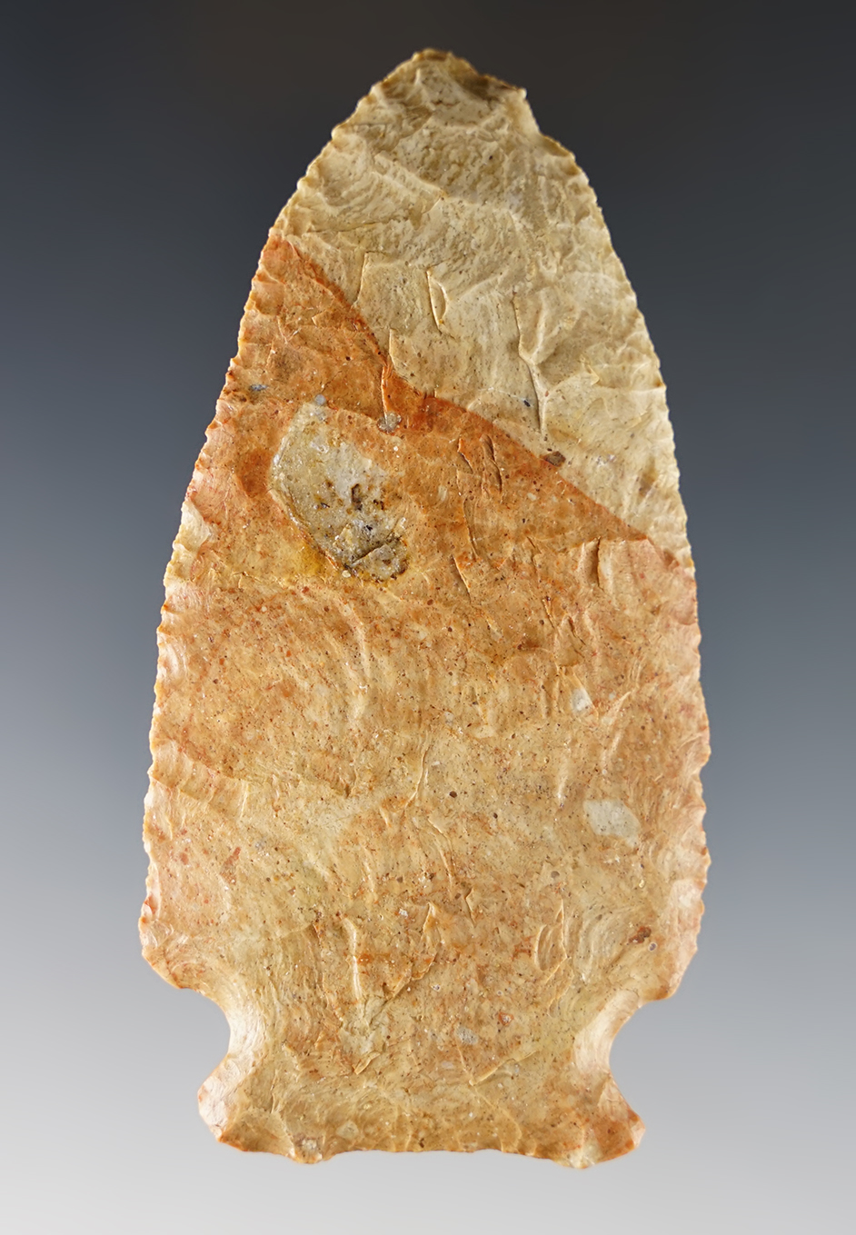 Heavily patinated 3 5/8" Colorado Besant Knife made from colorful material.