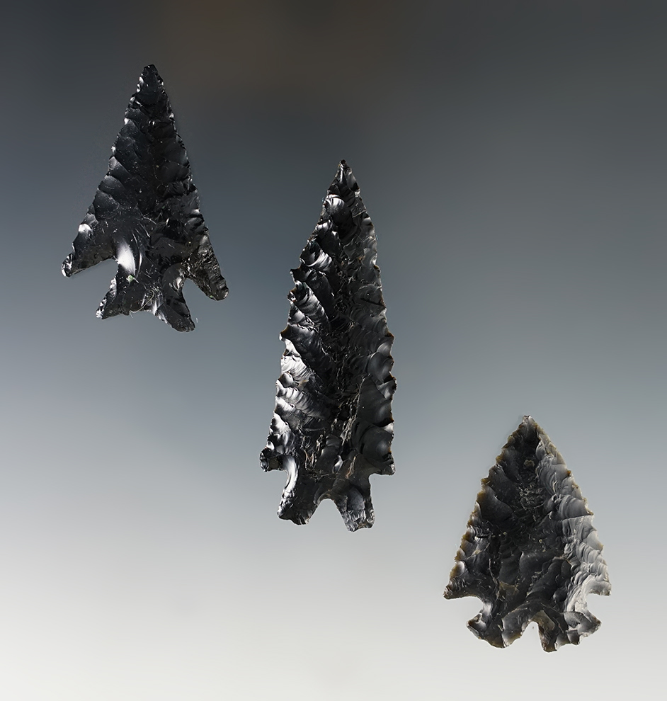 Set of 3 well made Nevada points including 2 Elko's and a 2 1/2" Pinto Basin. 