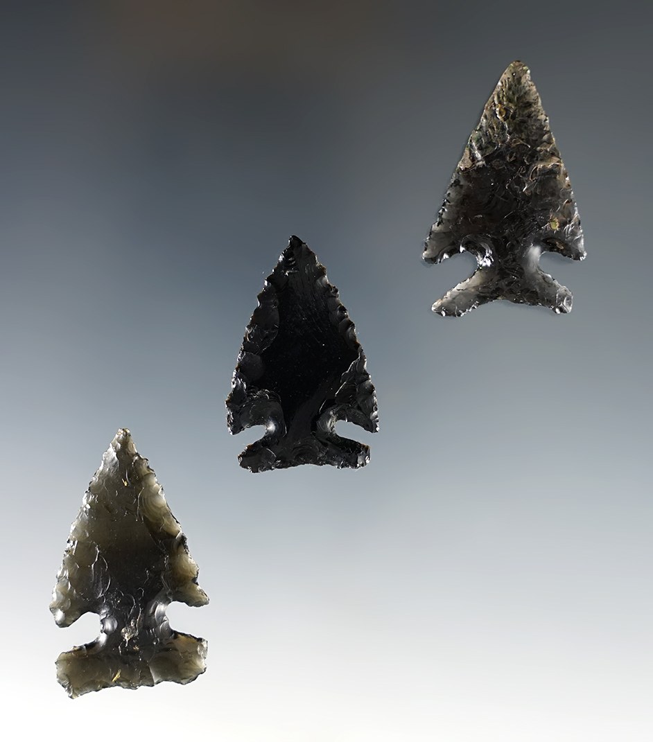 Set of 3 nice Nevada points including a 1 9/16" Elko Eared. All are made from Obsidian.