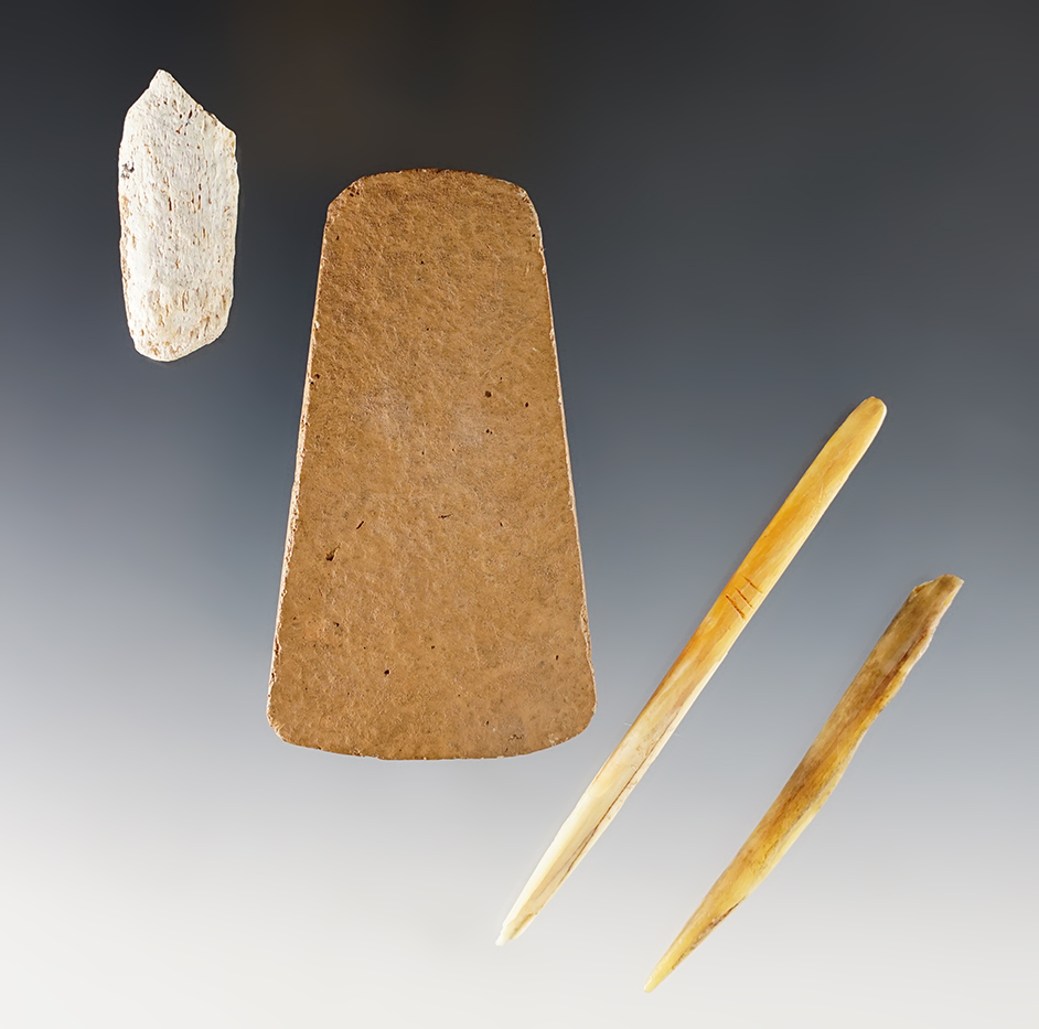 Set of four assorted artifacts recovered in Colorado including two bone awls, the largest of which is 3 5/8". 