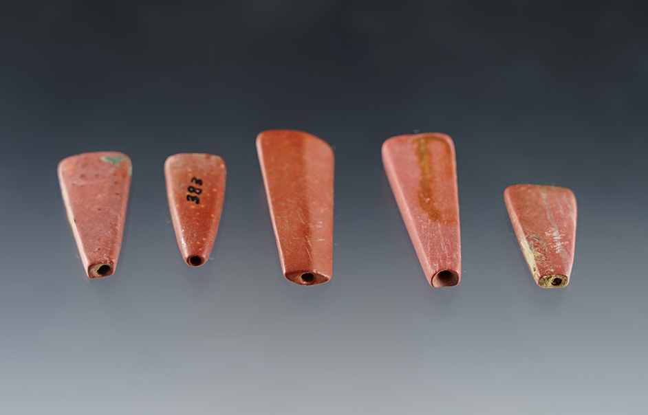 Nice Set! 5 micro drilled Iroquois trapezoidal catlinite beads - Townley-Read, Geneva, NY.