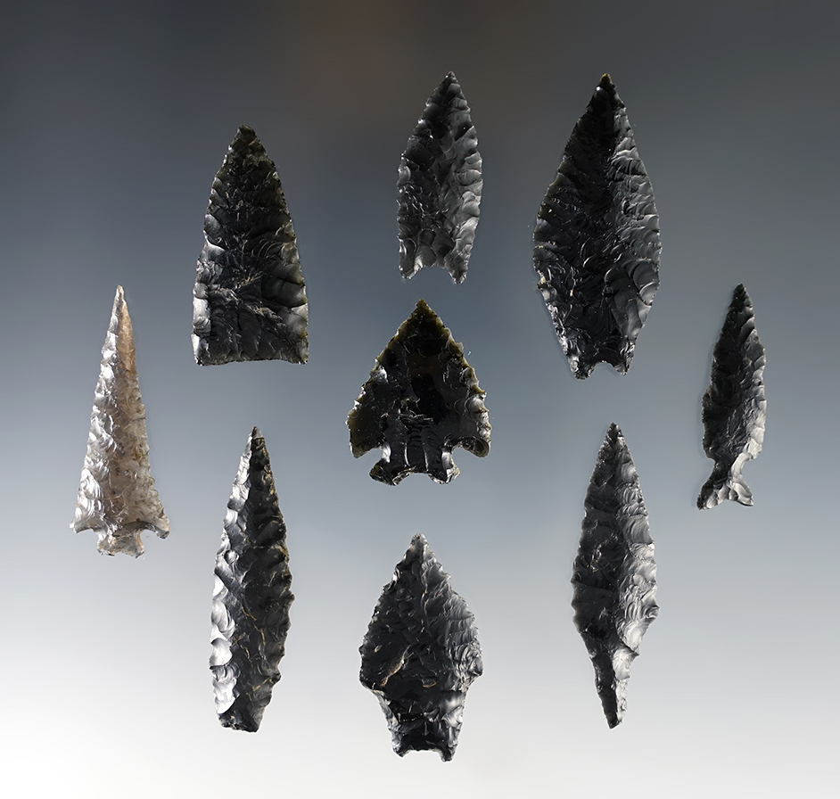 Set of 9 assorted Nevada points in nice condition. The largest is 1 7/8".