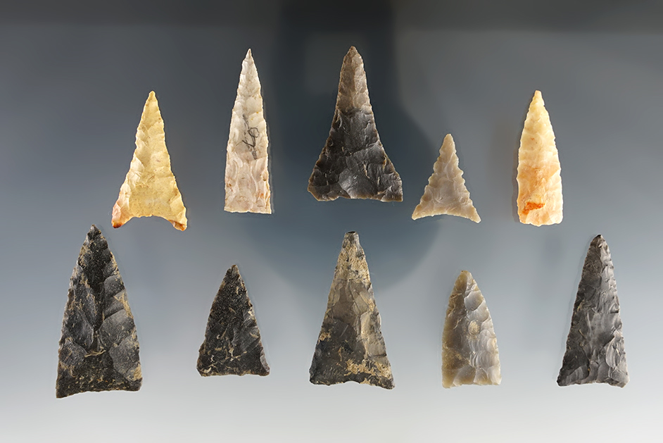Set of 10 assorted Triangle points found in the Kentucky/Tennessee area. The largest is 1 5/8".