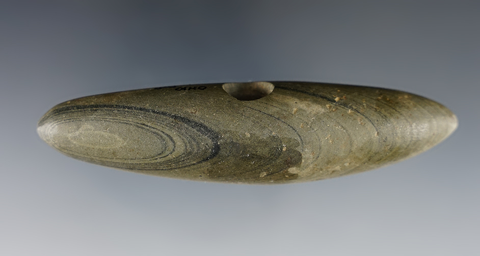 3 13/16" Pick Bannerstone found in Ohio. Made from well patinated Banded Slate Ex. Rob Dills.