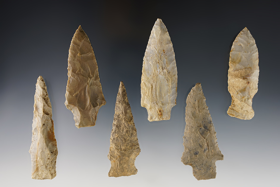 Set of 6  assorted points found by Joseph Dillion in Marshall Co., Kentucky. The largest is 3".