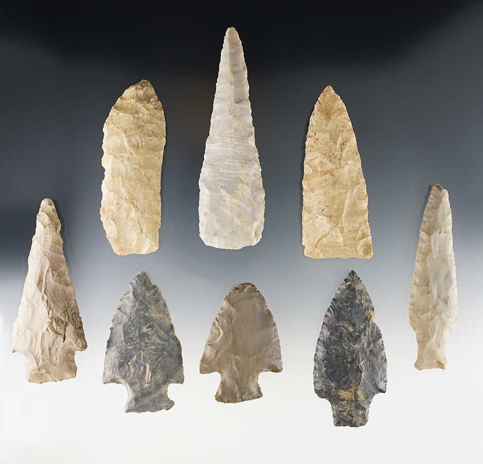 Set of 8 well made Indiana points in excellent condition. The largest is 4 9/16".