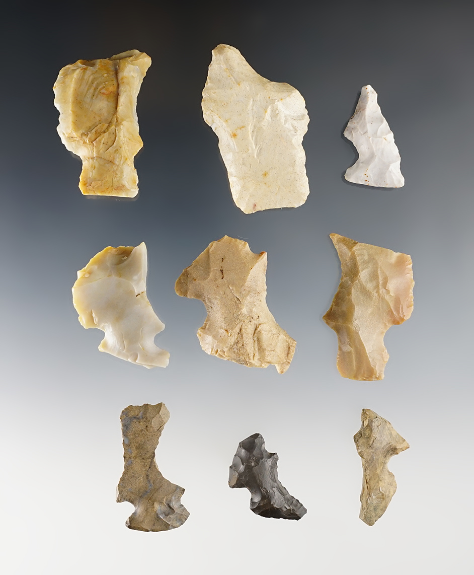 Set of 9 rare Hafted Shaft Scrapers found in various Ohio counties. The largest is 1 7/8".