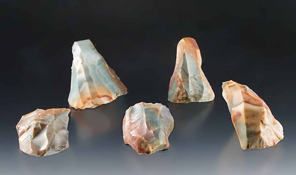 Set of 5 colorful Ohio Cores made from Flint Ridge Flint. The largest is 2".