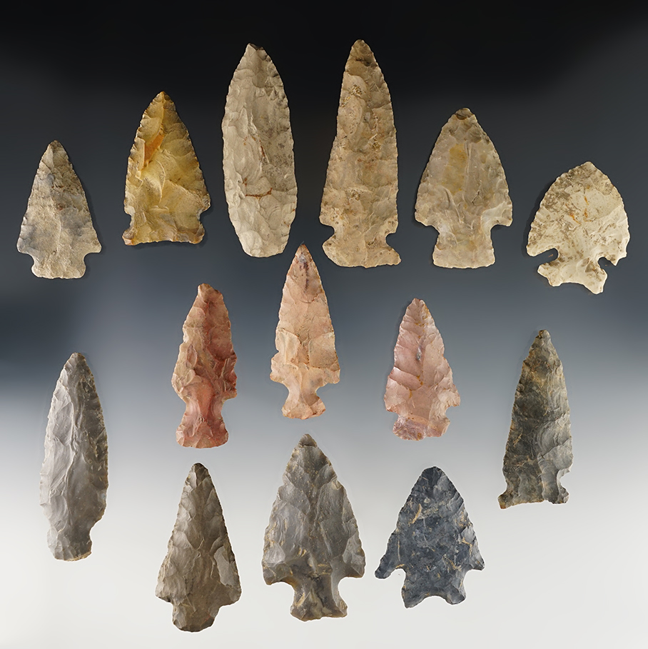 Set of 14 nicely made Indiana points in good condition. The largest is 3 3/8".