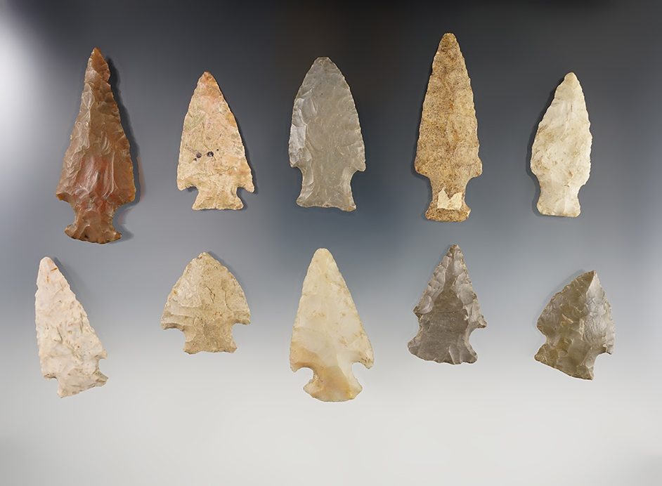 Set of 10 nicely made points found in Indiana. The largest is 2 11/16".