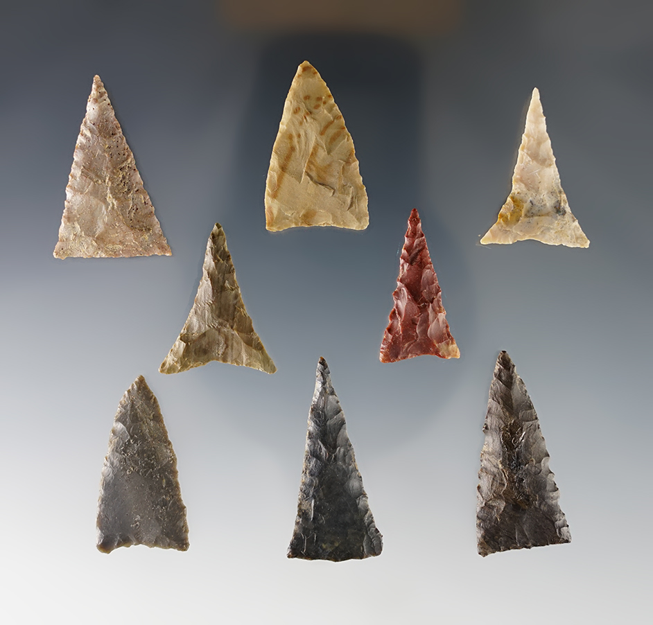 Set of 8 finely made Triangle points found in the Kentucky/Tennessee area. The largest is 1 3/8".