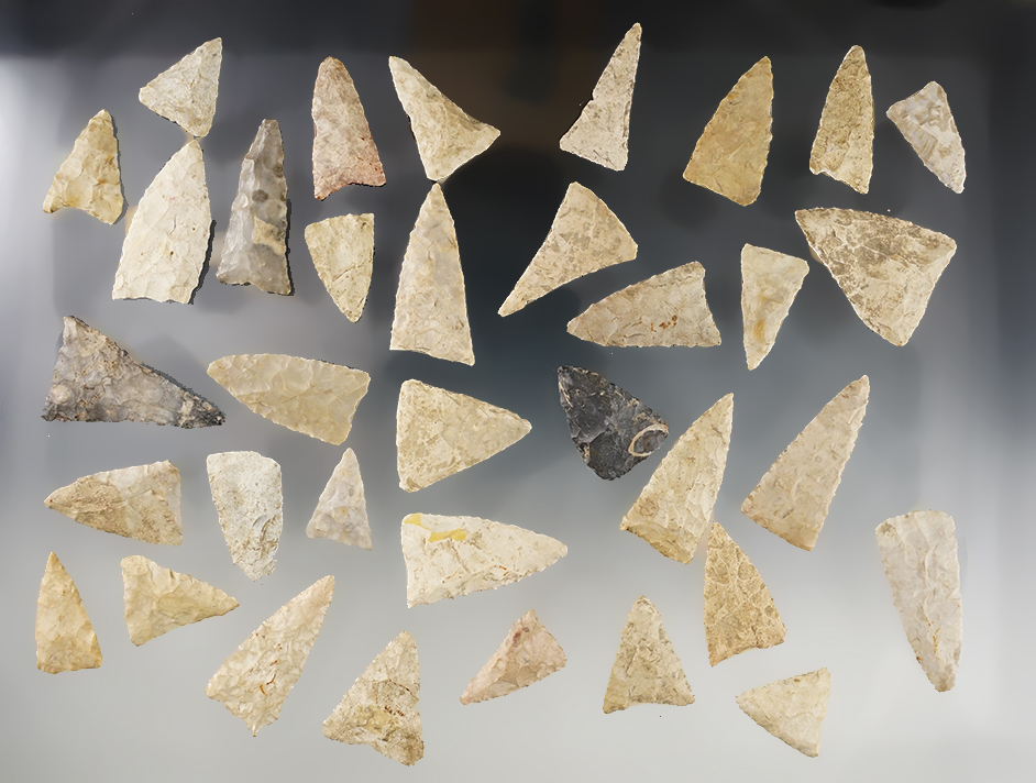 Set of 34 heavily patinated Triangles found in Indiana. The largest is 1 5/8".