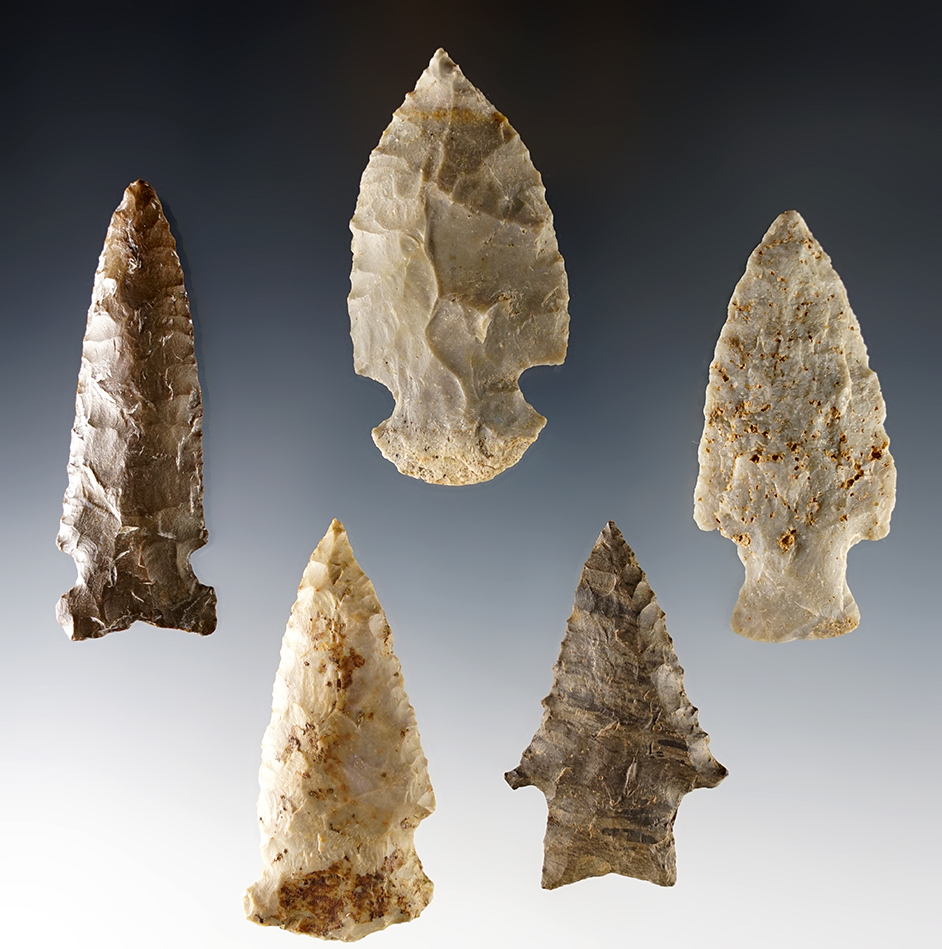 Set of 5 assorted and well made points found by Joseph Dillion in Marshall Co., Kentucky. 