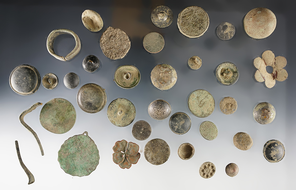 Large group of Buttons and other assorted site material. White Springs, Geneva, New York.