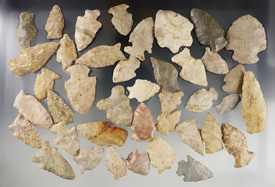 Set of 50 assorted points found in Indiana. The largest is 2 1/4".