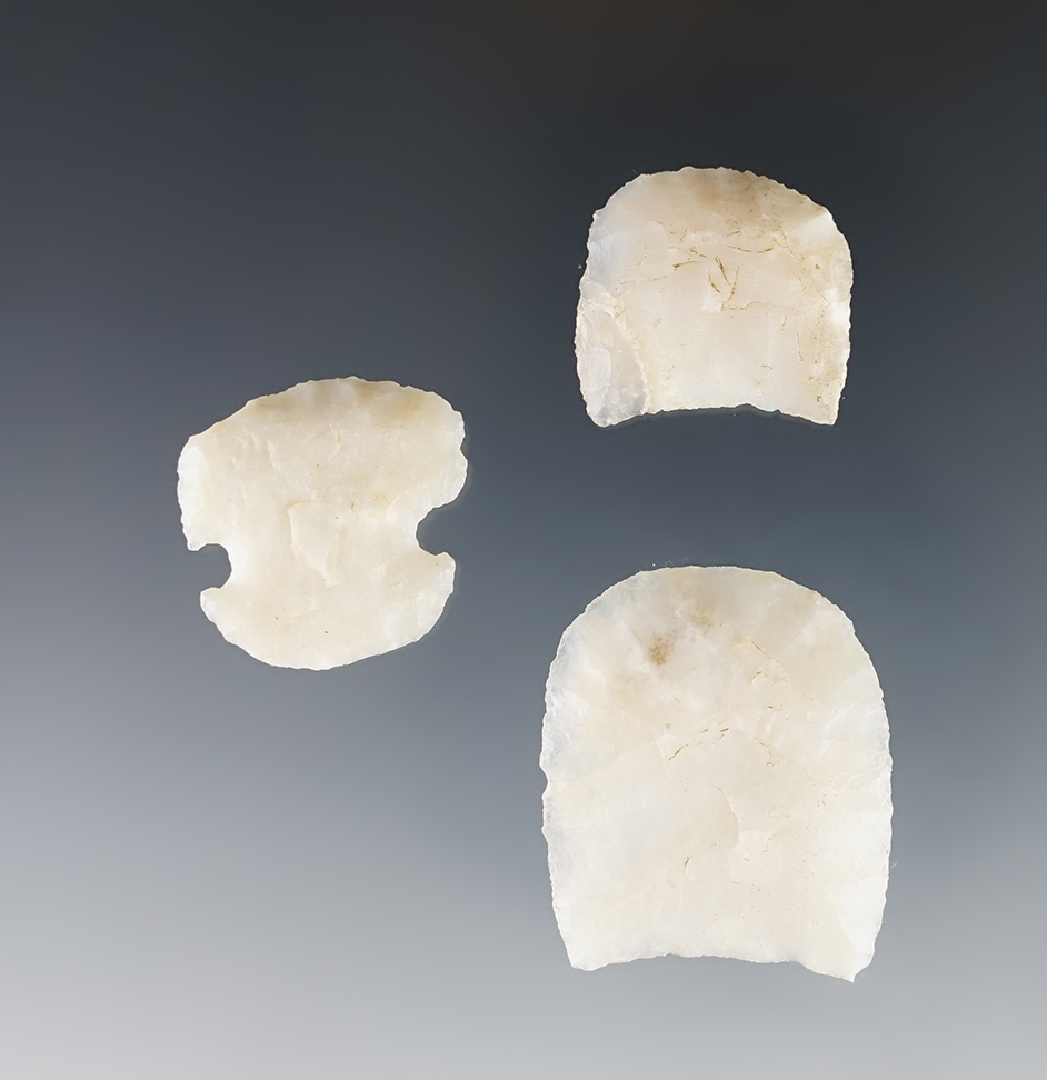 Set of 3 Lunate and Side-Notched Scrapers - Texas. Largest is 1 1/4". Comes with a Stermer COA. 