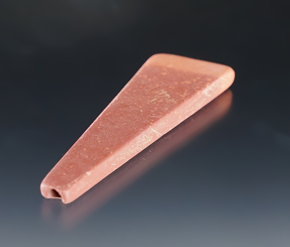 Incredible 2 3/8" Red Slate Trapezoidal Bead - fully drilled. Townley-Read Site, Geneva, New York.