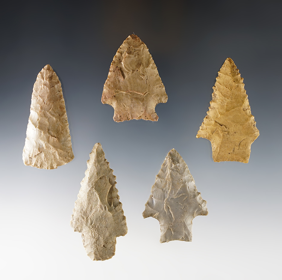 Set of 5 well patinated points found by Joseph Dillion in Calloway Co., Kentucky. 