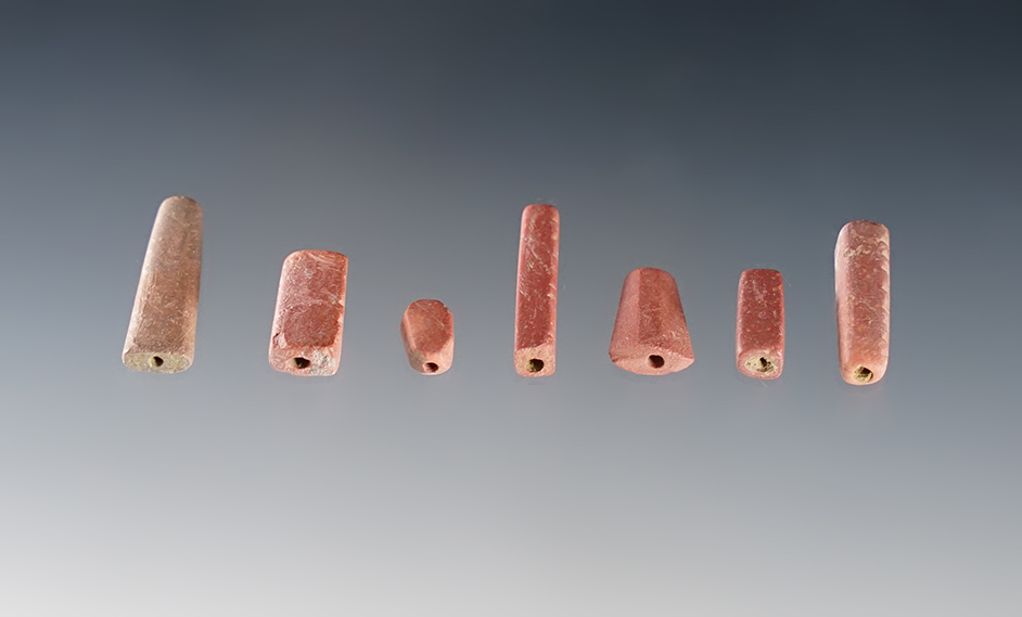 Set of 7 Catlinite Beads found at White Springs, Geneva, New York. The largest is 7/8".